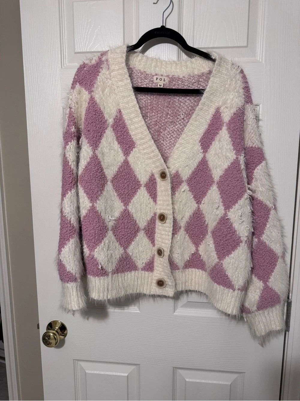 POL Pink and Cream Argyle Fuzzy Button-Front Cardigan oversized